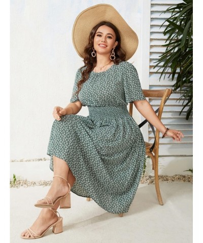 Women's Plus Size Short Sleeve Boho Floral Dress A Line Smocked Midi Dress Dark Green 3XL $27.35 Dresses