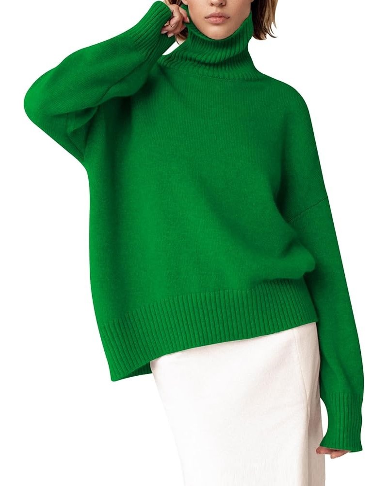 Women's Turtleneck Sweater Chunky Long Sleeve Knitted Pullover High Low Hem Trendy 2024 Fall Winter Basic Jumper Top Green $2...