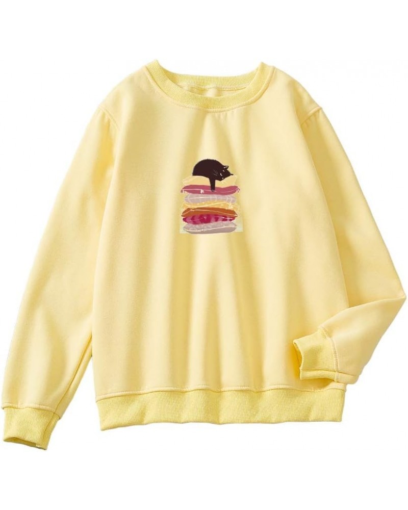 Women Tops Sleep Cat Pattern Crewneck Cotton Pullover Graphic Sweatshirt Hoodies Yellow $14.00 Hoodies & Sweatshirts