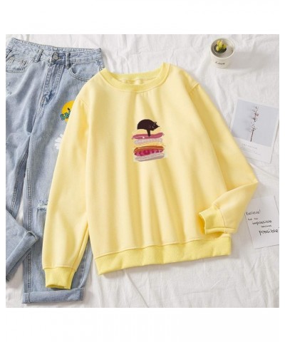 Women Tops Sleep Cat Pattern Crewneck Cotton Pullover Graphic Sweatshirt Hoodies Yellow $14.00 Hoodies & Sweatshirts