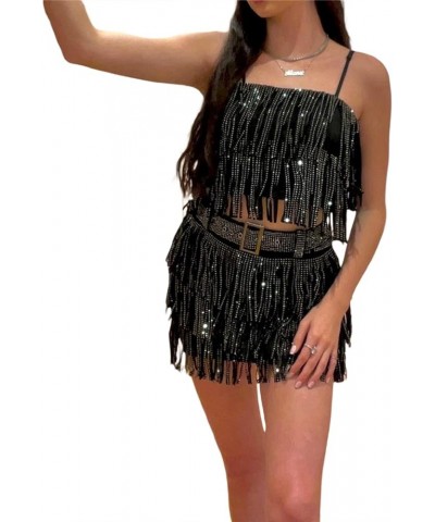 Women Ruffle 2 Piece Skirt Sets Y2k Sheer Mesh Crop Top Bodycon Mini Short Skirt Fringed Tassels Suit Sets H Black $9.88 Suits