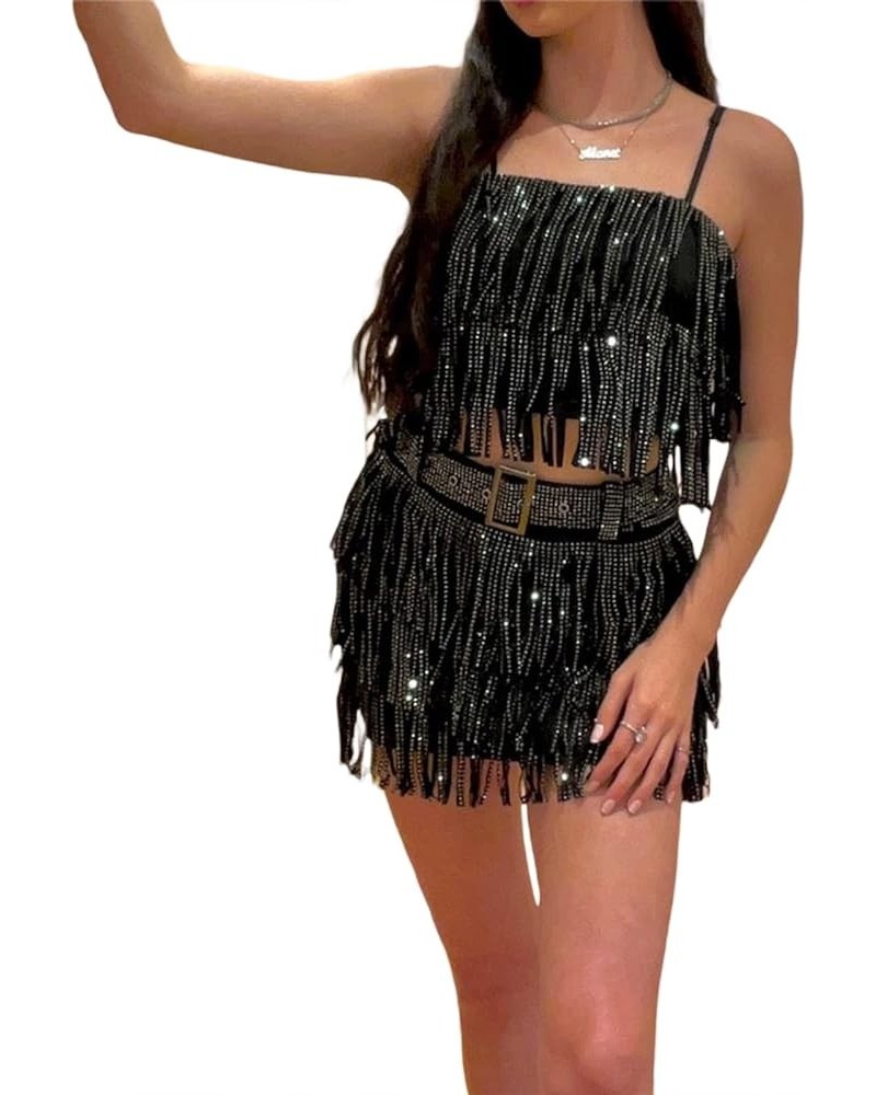 Women Ruffle 2 Piece Skirt Sets Y2k Sheer Mesh Crop Top Bodycon Mini Short Skirt Fringed Tassels Suit Sets H Black $9.88 Suits