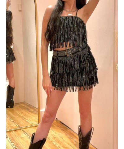 Women Ruffle 2 Piece Skirt Sets Y2k Sheer Mesh Crop Top Bodycon Mini Short Skirt Fringed Tassels Suit Sets H Black $9.88 Suits