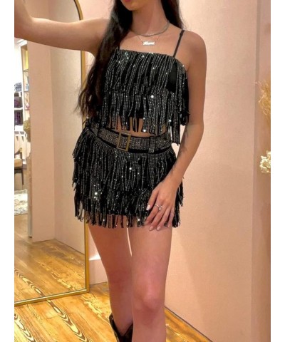 Women Ruffle 2 Piece Skirt Sets Y2k Sheer Mesh Crop Top Bodycon Mini Short Skirt Fringed Tassels Suit Sets H Black $9.88 Suits