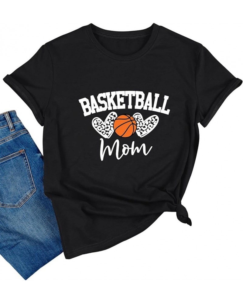 Womens Basketball Mom T-Shirt Graphic Tees Shirt Summer Short Sleeve Casual Tops Black $11.19 T-Shirts