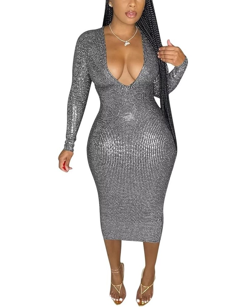 Womens Sexy Long Sleeve Sequins Glitter Bodycon Midi Dress Tassel Hem Tunic Party Club Dress 1silver $21.32 Dresses