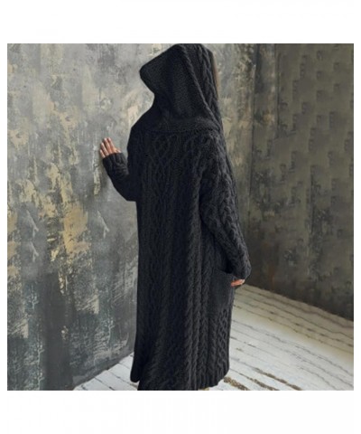 Knitted Women Pocket Hooded Sweater Solid Solid Cardigan Coat Loose Long Winter Sweaters for Women Plus Size T C Black $12.90...