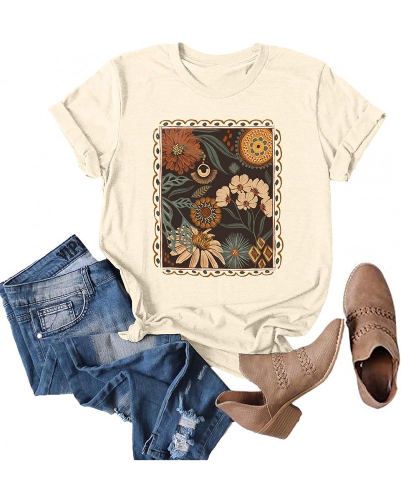 Sunset Pine Tree Tshirt Women Camping Tshirt Retro Sun Print Graphic Tee Casual Short Sleeve Top E 01-beige $13.10 Tops