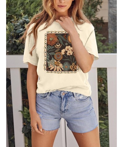 Sunset Pine Tree Tshirt Women Camping Tshirt Retro Sun Print Graphic Tee Casual Short Sleeve Top E 01-beige $13.10 Tops