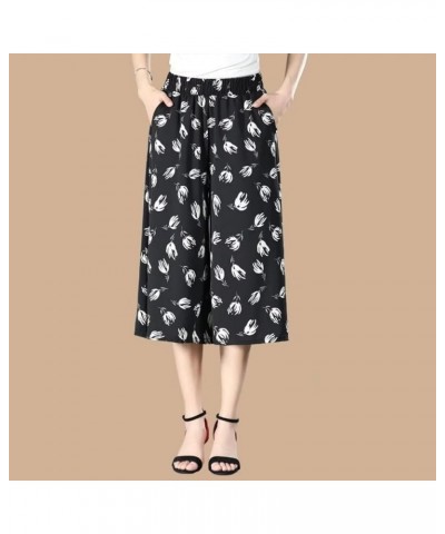 Women's High Elastic Waist Pleated Chiffon Wide Leg Casual Capri Culottes Pants Pocketed Style a $13.43 Pants