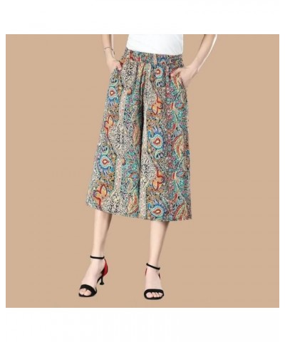 Women's High Elastic Waist Pleated Chiffon Wide Leg Casual Capri Culottes Pants Pocketed Style a $13.43 Pants