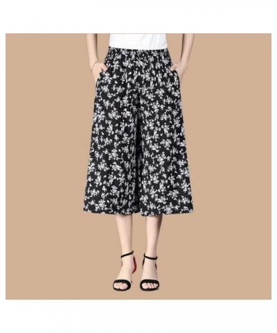 Women's High Elastic Waist Pleated Chiffon Wide Leg Casual Capri Culottes Pants Pocketed Style a $13.43 Pants