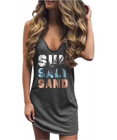 Mini Dress for Women Summer Beach Vacation T Shirts Sundress Sexy V Neck Sleeveless Tanks Dresses Sun Salt Deep Grey $10.99 D...