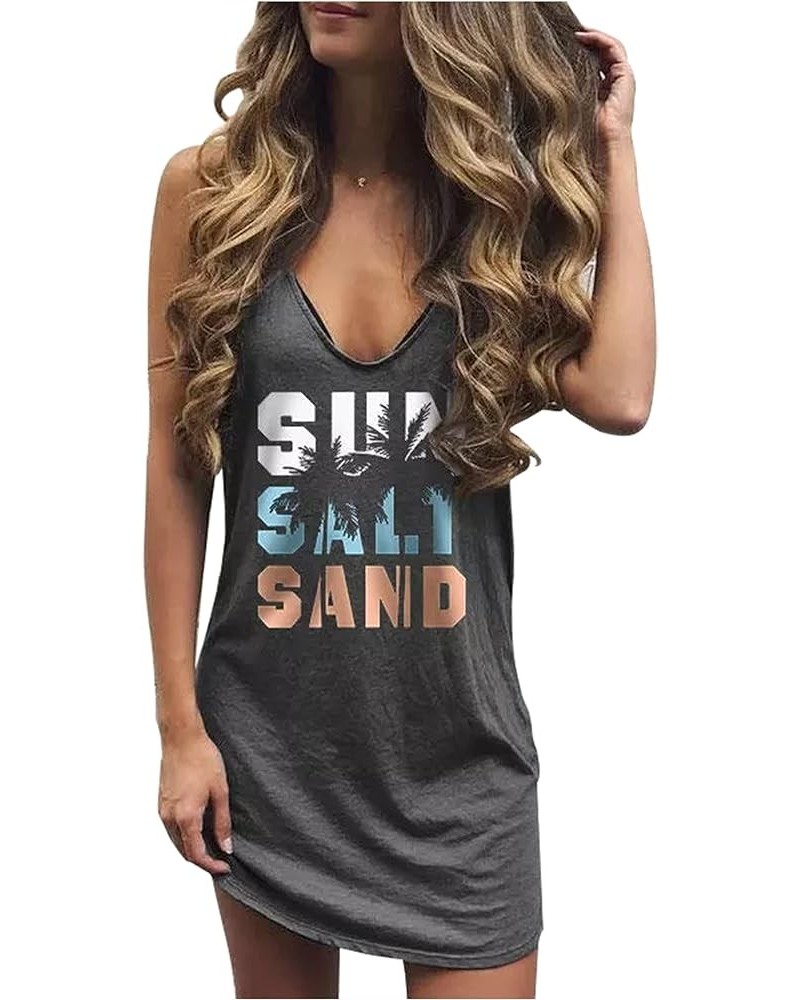 Mini Dress for Women Summer Beach Vacation T Shirts Sundress Sexy V Neck Sleeveless Tanks Dresses Sun Salt Deep Grey $10.99 D...