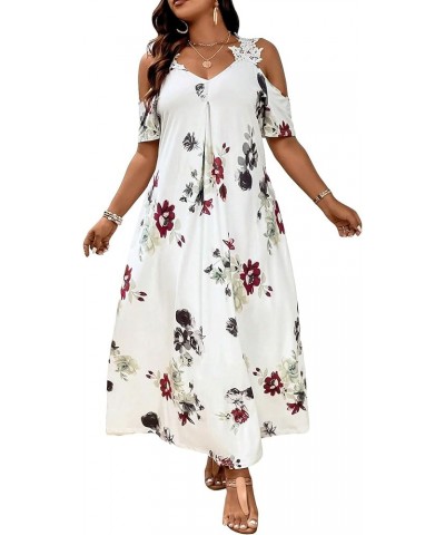 Women's Plus Size Floral Print Cold Shoulder Short Sleeve Midi Dress Floral Lace Spaghetti Strap Tunic Dresses White $18.48 D...