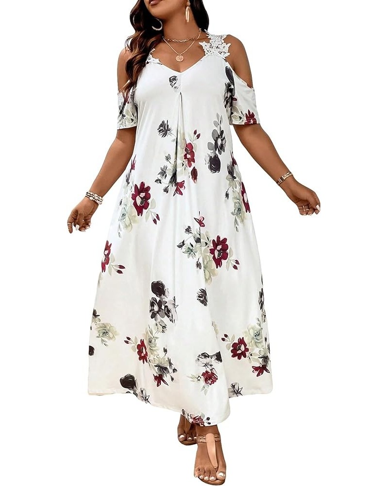 Women's Plus Size Floral Print Cold Shoulder Short Sleeve Midi Dress Floral Lace Spaghetti Strap Tunic Dresses White $18.48 D...