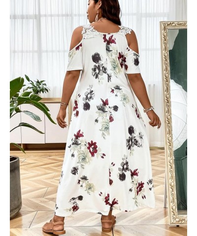 Women's Plus Size Floral Print Cold Shoulder Short Sleeve Midi Dress Floral Lace Spaghetti Strap Tunic Dresses White $18.48 D...