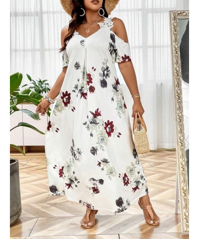 Women's Plus Size Floral Print Cold Shoulder Short Sleeve Midi Dress Floral Lace Spaghetti Strap Tunic Dresses White $18.48 D...