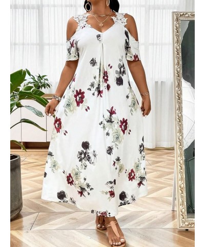 Women's Plus Size Floral Print Cold Shoulder Short Sleeve Midi Dress Floral Lace Spaghetti Strap Tunic Dresses White $18.48 D...