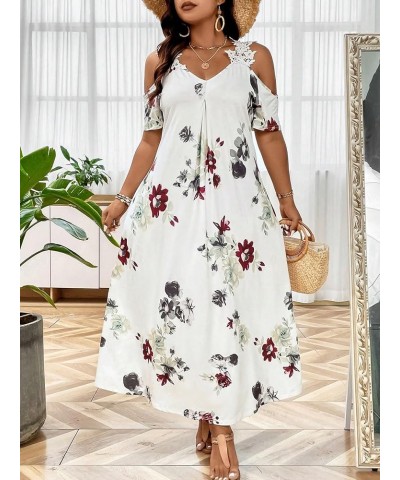 Women's Plus Size Floral Print Cold Shoulder Short Sleeve Midi Dress Floral Lace Spaghetti Strap Tunic Dresses White $18.48 D...