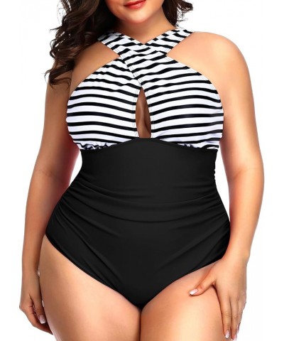 Womens Front Cross Plus Size One Piece Swimsuits Tummy Control Keyhole Bathing Suits Swimwear Black and Stripes $11.36 Swimsuits