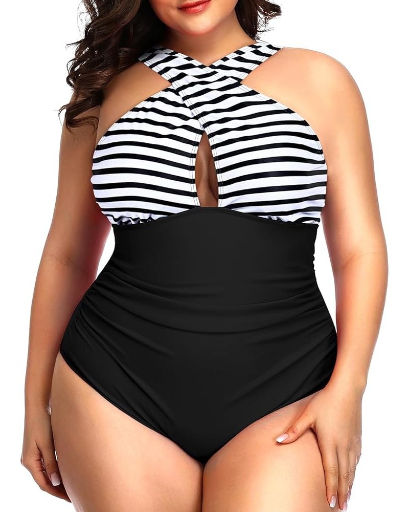 Womens Front Cross Plus Size One Piece Swimsuits Tummy Control Keyhole Bathing Suits Swimwear Black and Stripes $11.36 Swimsuits