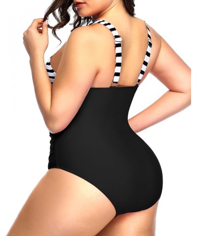 Womens Front Cross Plus Size One Piece Swimsuits Tummy Control Keyhole Bathing Suits Swimwear Black and Stripes $11.36 Swimsuits