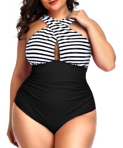 Womens Front Cross Plus Size One Piece Swimsuits Tummy Control Keyhole Bathing Suits Swimwear Black and Stripes $11.36 Swimsuits