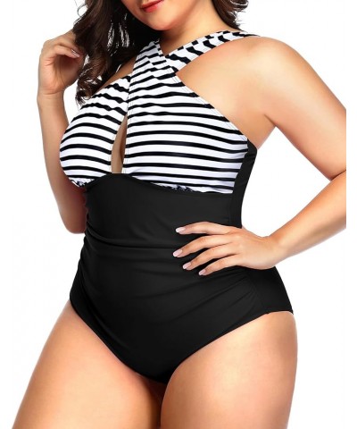 Womens Front Cross Plus Size One Piece Swimsuits Tummy Control Keyhole Bathing Suits Swimwear Black and Stripes $11.36 Swimsuits