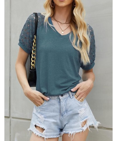 Women's Lace Short Sleeve Blouses V Neck Summer Tops Loose Casual Tee Shirts Short- Dark Green $19.24 Blouses