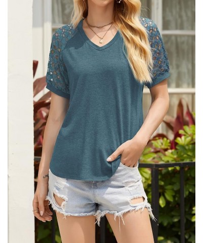 Women's Lace Short Sleeve Blouses V Neck Summer Tops Loose Casual Tee Shirts Short- Dark Green $19.24 Blouses