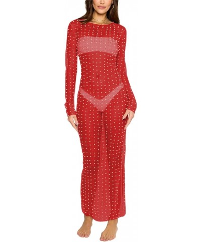 Women Sexy Pearl Rhinestone Cover Up See Through Sheer Mesh Summer Maxi Dress Beach Swimsuit Bikini Cover Ups Red $15.65 Swim...