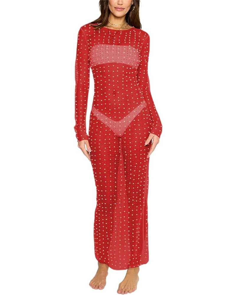 Women Sexy Pearl Rhinestone Cover Up See Through Sheer Mesh Summer Maxi Dress Beach Swimsuit Bikini Cover Ups Red $15.65 Swim...