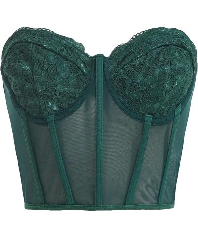 Women's Corset Tube Top Contrast Lace Sheer Mesh Strapless Corset Cropped Tops Dark Green $14.49 Bras