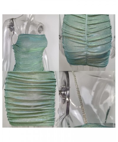 Women Sparkly Rhinestone Strap Bodycon Mini Dress Sexy Ruched Sleeveless Party Dress Clubwear Green $12.60 Dresses