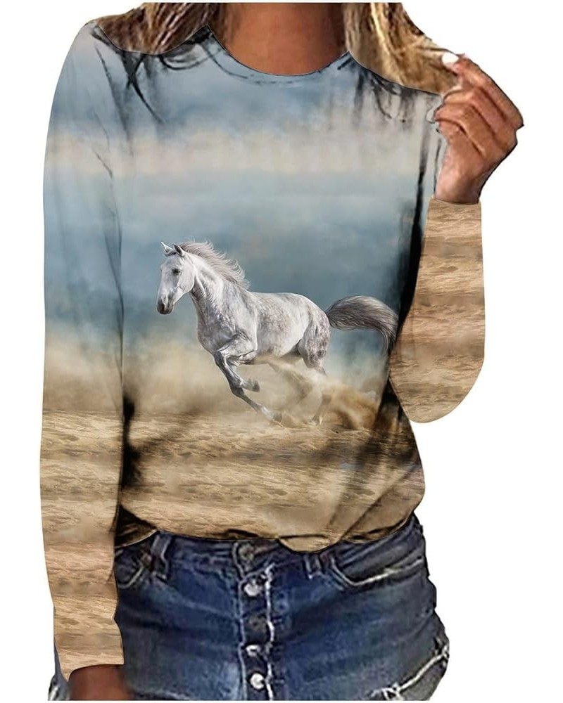 Horses T Shirt Women Funny Graphic Tees Long Sleeve Crew Neck Shirts Casual Loose Fit Blouses Horse Lover T-Shirt Gift 01 sky...