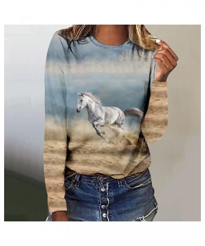 Horses T Shirt Women Funny Graphic Tees Long Sleeve Crew Neck Shirts Casual Loose Fit Blouses Horse Lover T-Shirt Gift 01 sky...