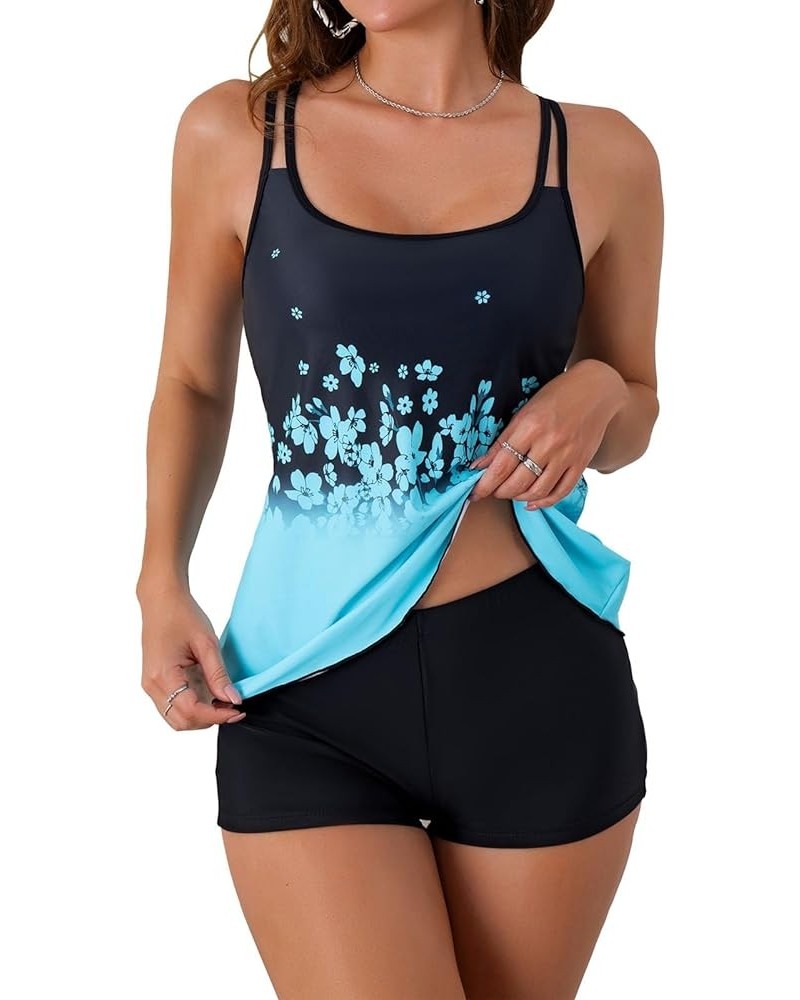 Tankini Swimsuits for Women Two Piece Bathing Suits Tummy Control Long Torso Tank Tops with Shorts Sky Blue $20.24 Swimsuits