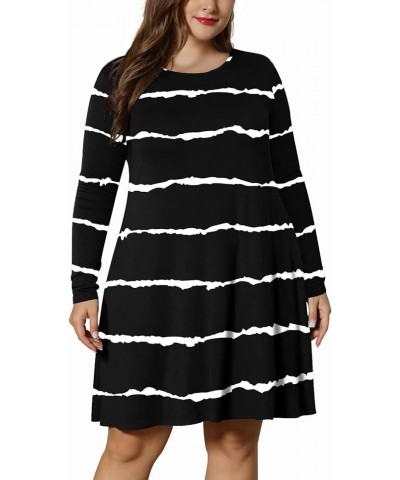 Women's Winter XL-6XL Plus Size Dresses Casual Long Sleeve Dress with Pockets Black Stripe $13.12 Dresses