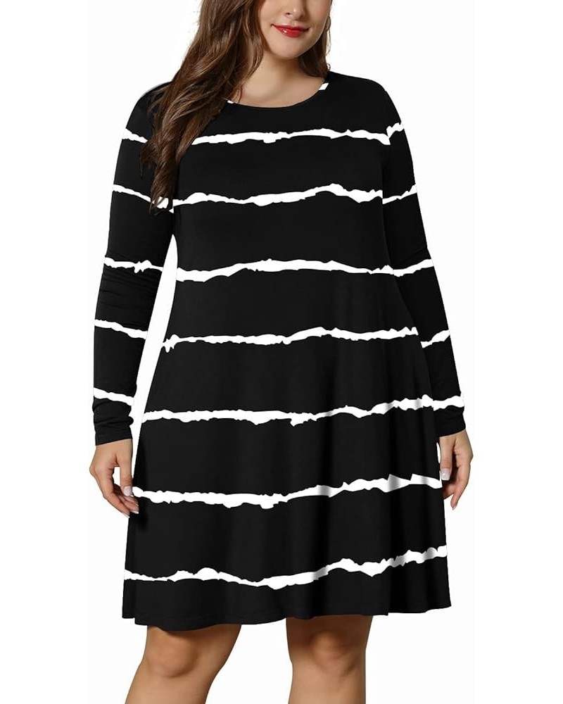 Women's Winter XL-6XL Plus Size Dresses Casual Long Sleeve Dress with Pockets Black Stripe $13.12 Dresses