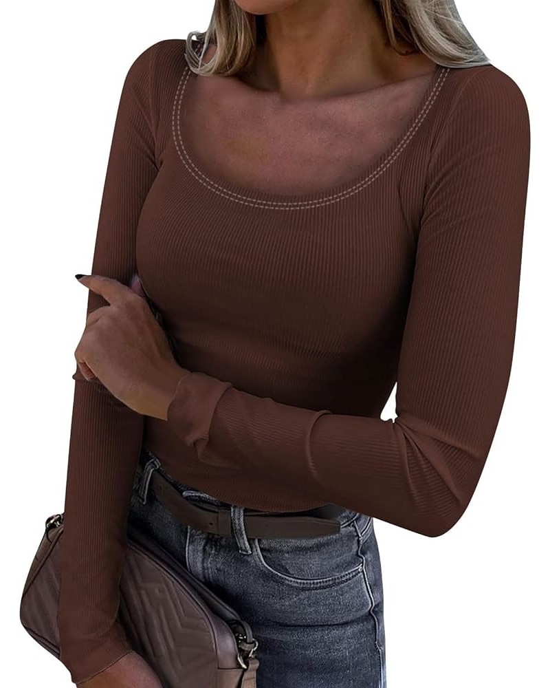 Long Sleeve Shirts for Women Scoop Neck Plain Tshirts Ribbed Knit Slim Fit Plus Size Tops Sexy Tunic Y2K Clothes B-coffee $7....