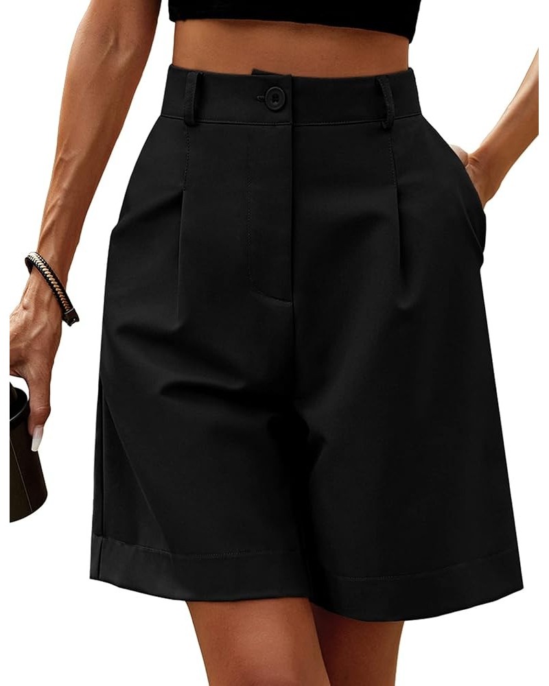 Shorts for Women Bermuda Shorts Casual Elastic High Waisted Wide Leg Shorts Knee Length Summer Shorts with Pockets Black $15....