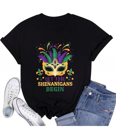 Funny Mardi Gras T-Shirt for Women Let The Shenanigans Begin Shirt Mardi Gras Cruise 2024 Carnival Themed Tee Top Black $10.8...