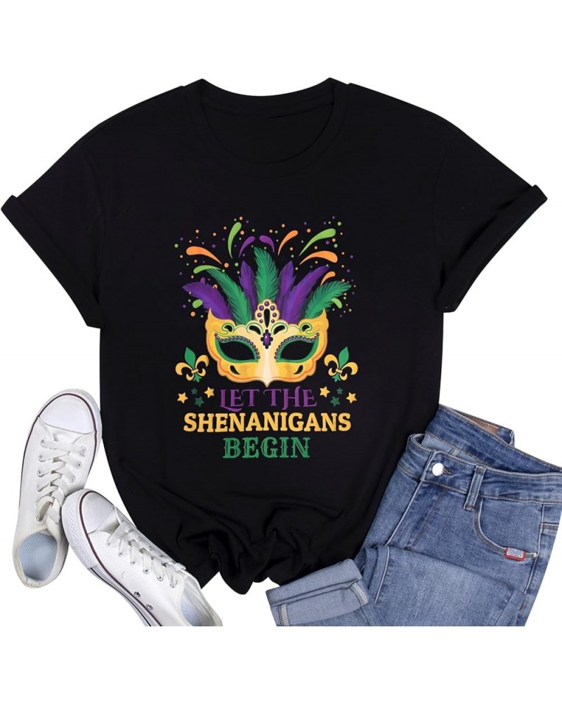 Funny Mardi Gras T-Shirt for Women Let The Shenanigans Begin Shirt Mardi Gras Cruise 2024 Carnival Themed Tee Top Black $10.8...