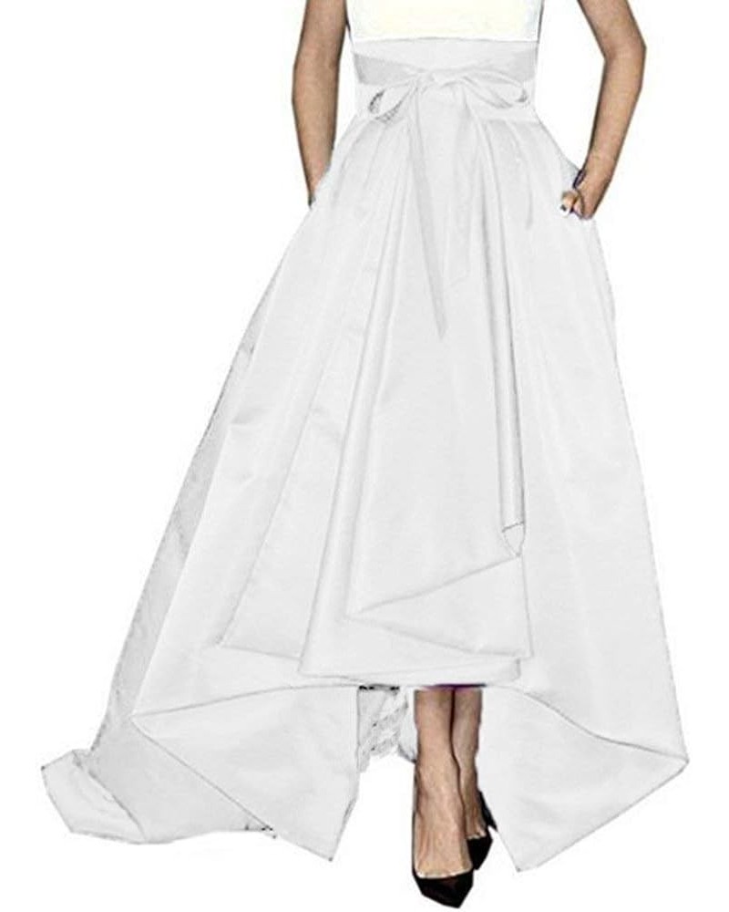 Women Floor Length High Low Bowknot Belt Satin Party Skirt White $31.39 Skirts