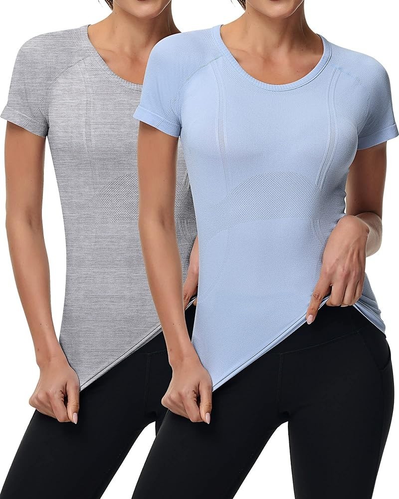 2 Pieces Women Short Sleeve Workout Shirt Seamless Workout Shirts Workout Tops Fitted Top Sports Yoga Athletic Shirt Top Shor...