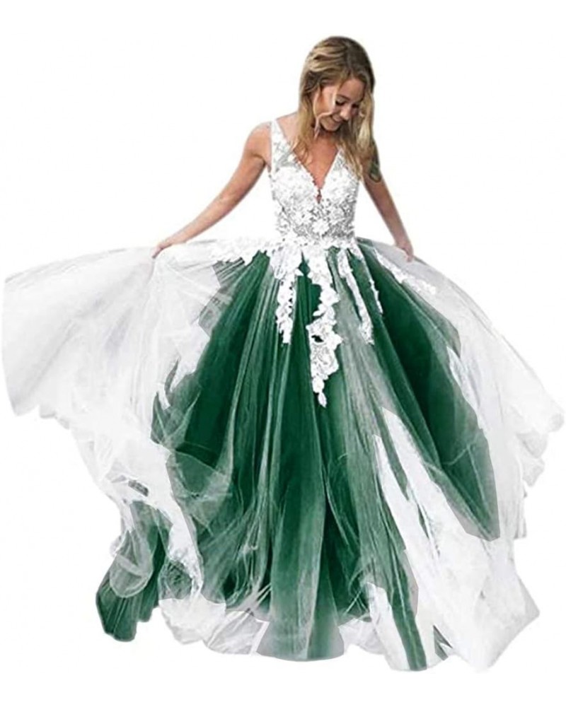 Women's V-Neck Tulle Appliques Long Evening Dresses Bridal Wedding Dress Blackish Green $41.80 Dresses