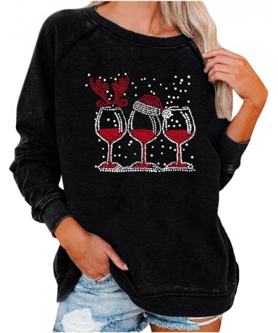 Christmas Sweatshirts for Women 2022 Fashion Red Wine Glass Print Long Sleeve Pullover Xmas Casual Crew Neck Tops A 01 Black ...