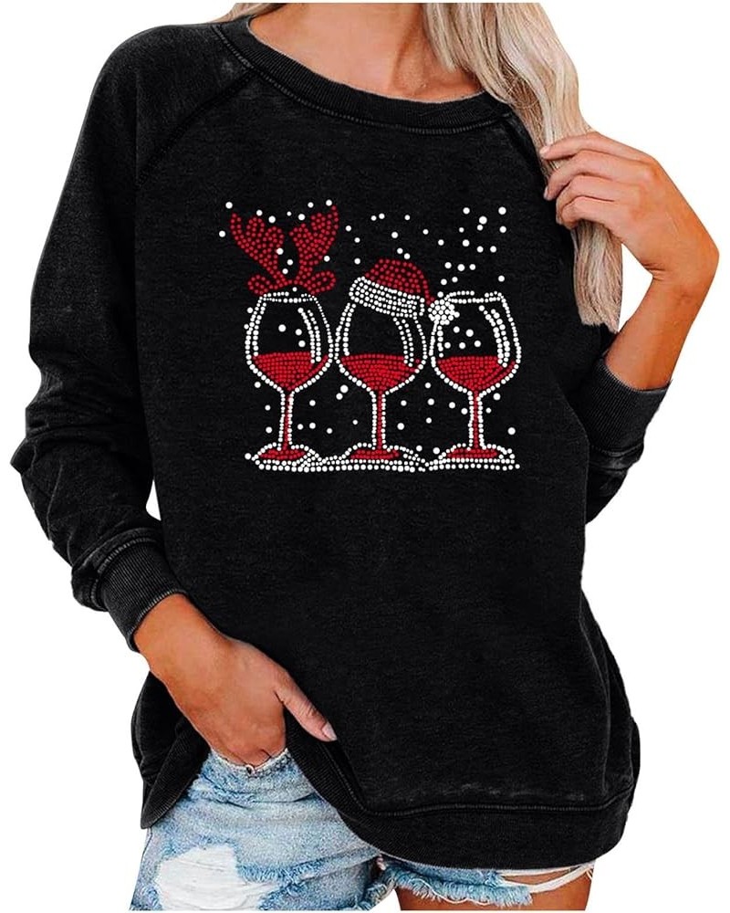 Christmas Sweatshirts for Women 2022 Fashion Red Wine Glass Print Long Sleeve Pullover Xmas Casual Crew Neck Tops A 01 Black ...