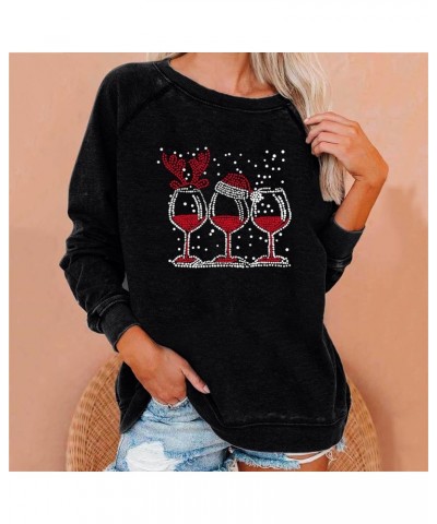 Christmas Sweatshirts for Women 2022 Fashion Red Wine Glass Print Long Sleeve Pullover Xmas Casual Crew Neck Tops A 01 Black ...